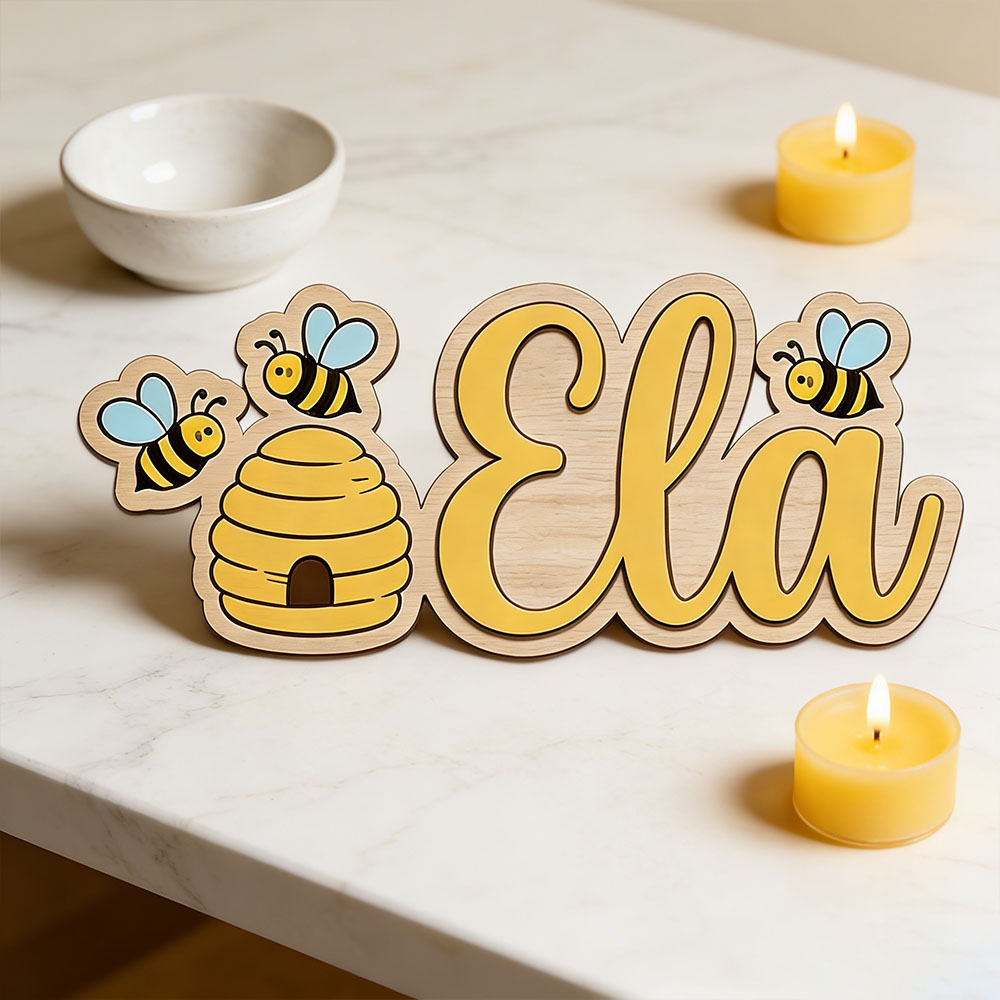 Baby Nursery Hanging Decor - Personalized Cute Bee Hive Name Wooden