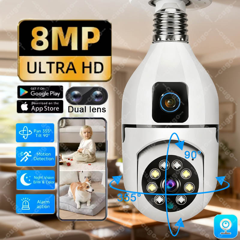 Baby Monitor Split Screen - 8MP WiFi IP Camera E27 Bulb