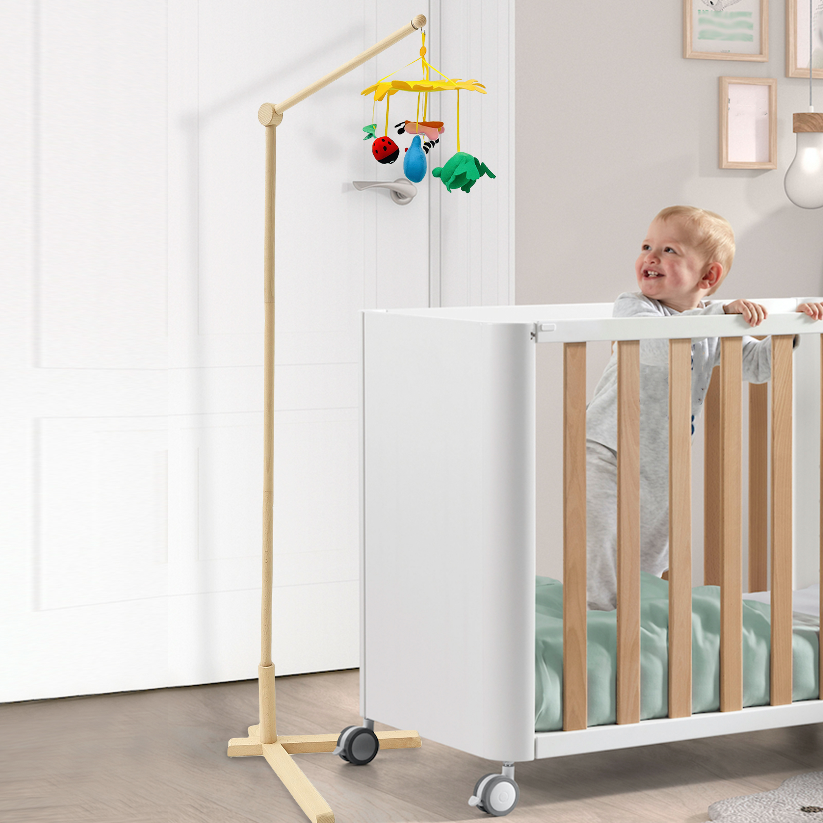 Baby Nursery Hanging Decor - Wood Floor Standing Crib Mobile Arm