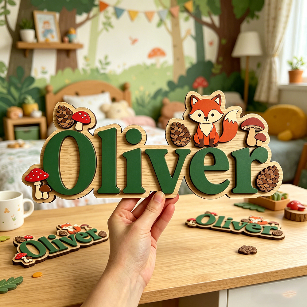Baby Nursery Artwork - Whimsical Woodland Fox Custom Name Plaque