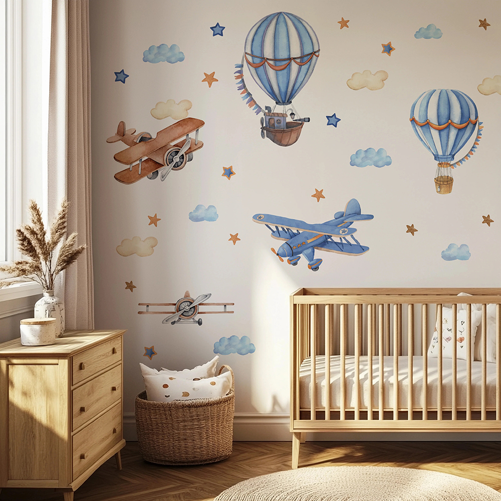 Baby Nursery Artwork - Cartoon Airplanes Hot Airballoon Wall Stickers